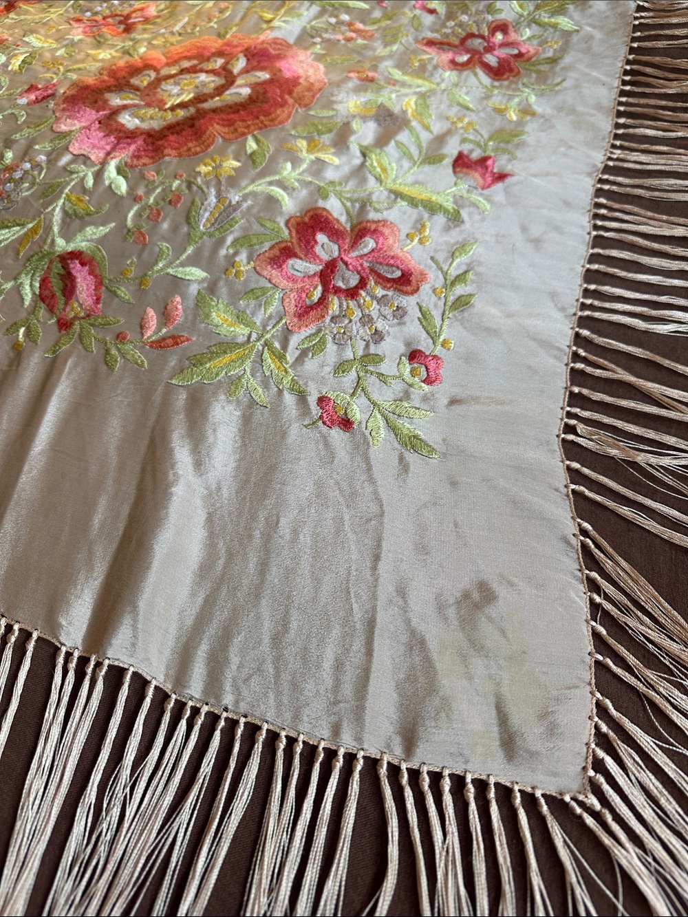 Vintage Silk Piano Shawl Hand-Embroidered Floral in Pale Pink- hot pink flowers - Picture 6 of 16